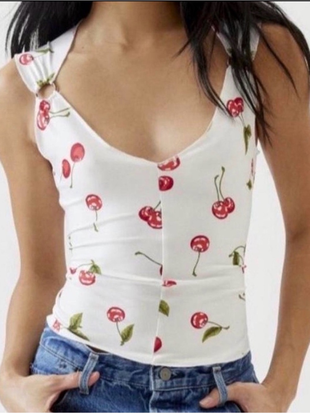 NWT Urban Outfitters Cherry Print Cutout Ring Top White Red Size S 🍒